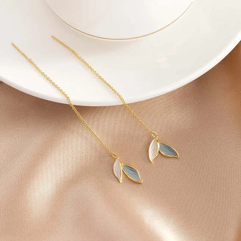 925 Silver One Touch Blue Leaf Long Drop Earrings