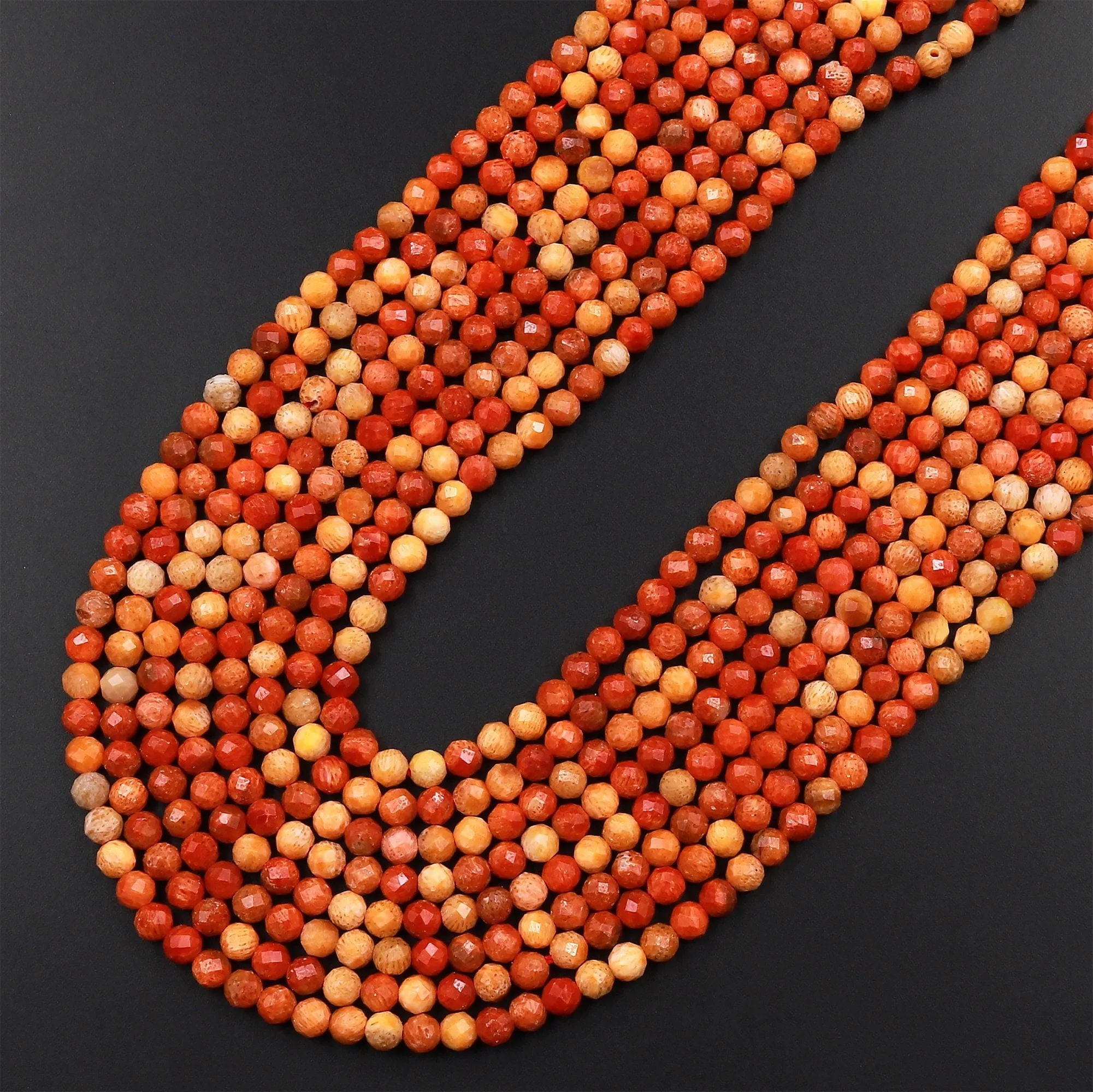 AAA Faceted Natural Golden Orange Red Fossil Coral  2mm 3mm Round Beads 15.5" Strand