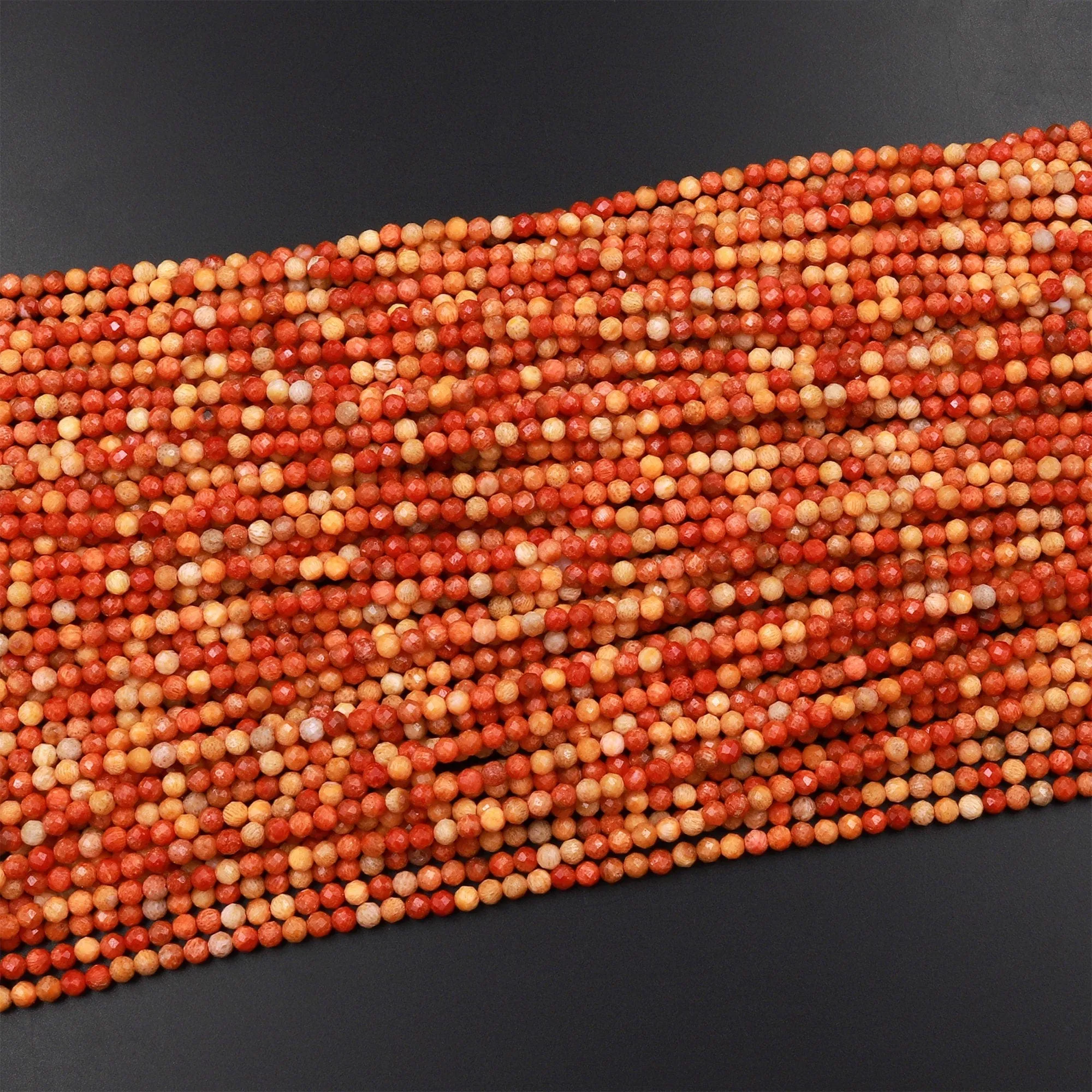 AAA Faceted Natural Golden Orange Red Fossil Coral  2mm 3mm Round Beads 15.5" Strand