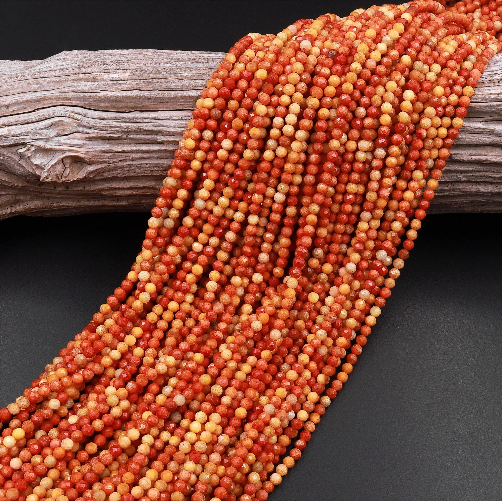 AAA Faceted Natural Golden Orange Red Fossil Coral  2mm 3mm Round Beads 15.5" Strand