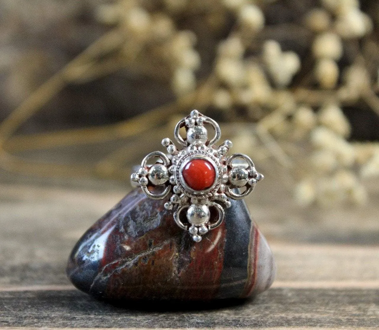 Adjustable Coral Double Dorje Ring