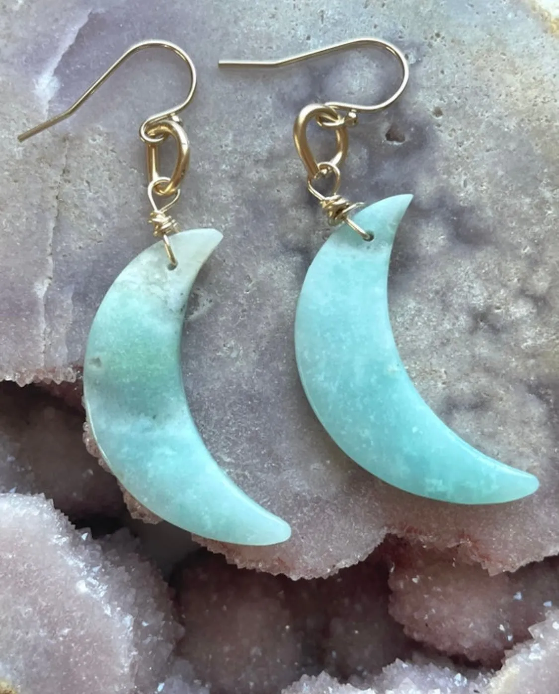 Amazonite Moon Statement Earrings Gold Fill