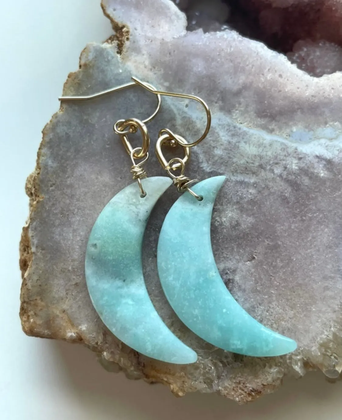 Amazonite Moon Statement Earrings Gold Fill