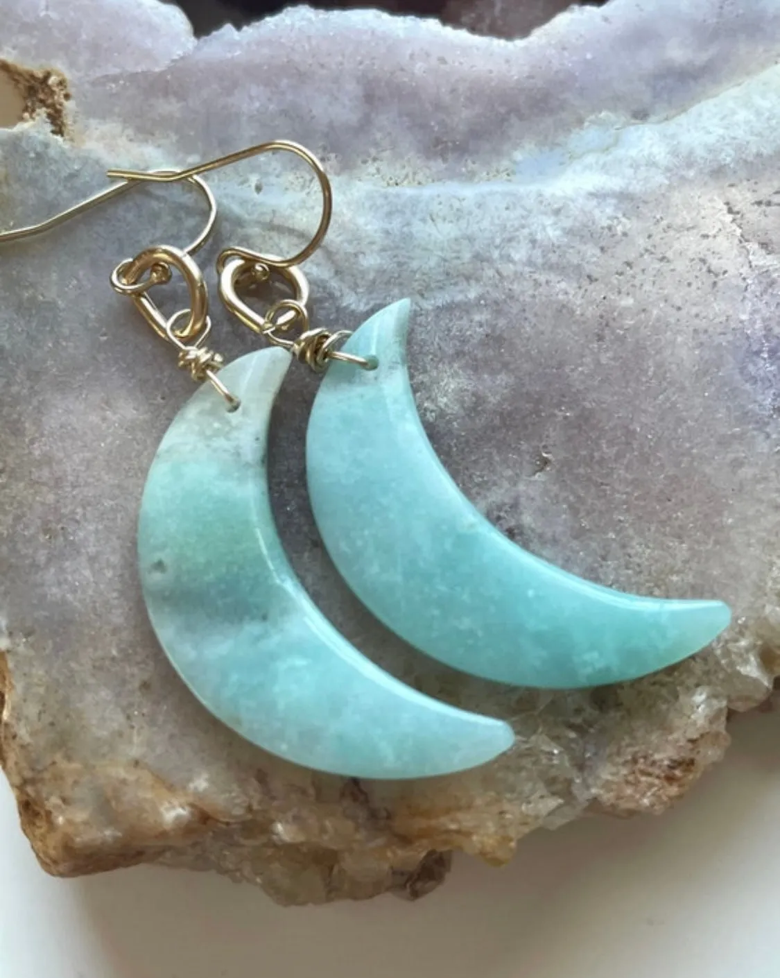 Amazonite Moon Statement Earrings Gold Fill