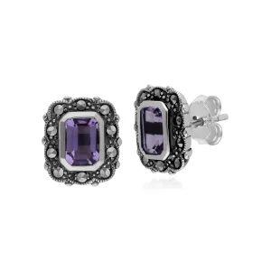 Amethyst Ohrringe, Sterlingsilber Amethyst & Markasit Oktagon Jugendstil Ohrstecker