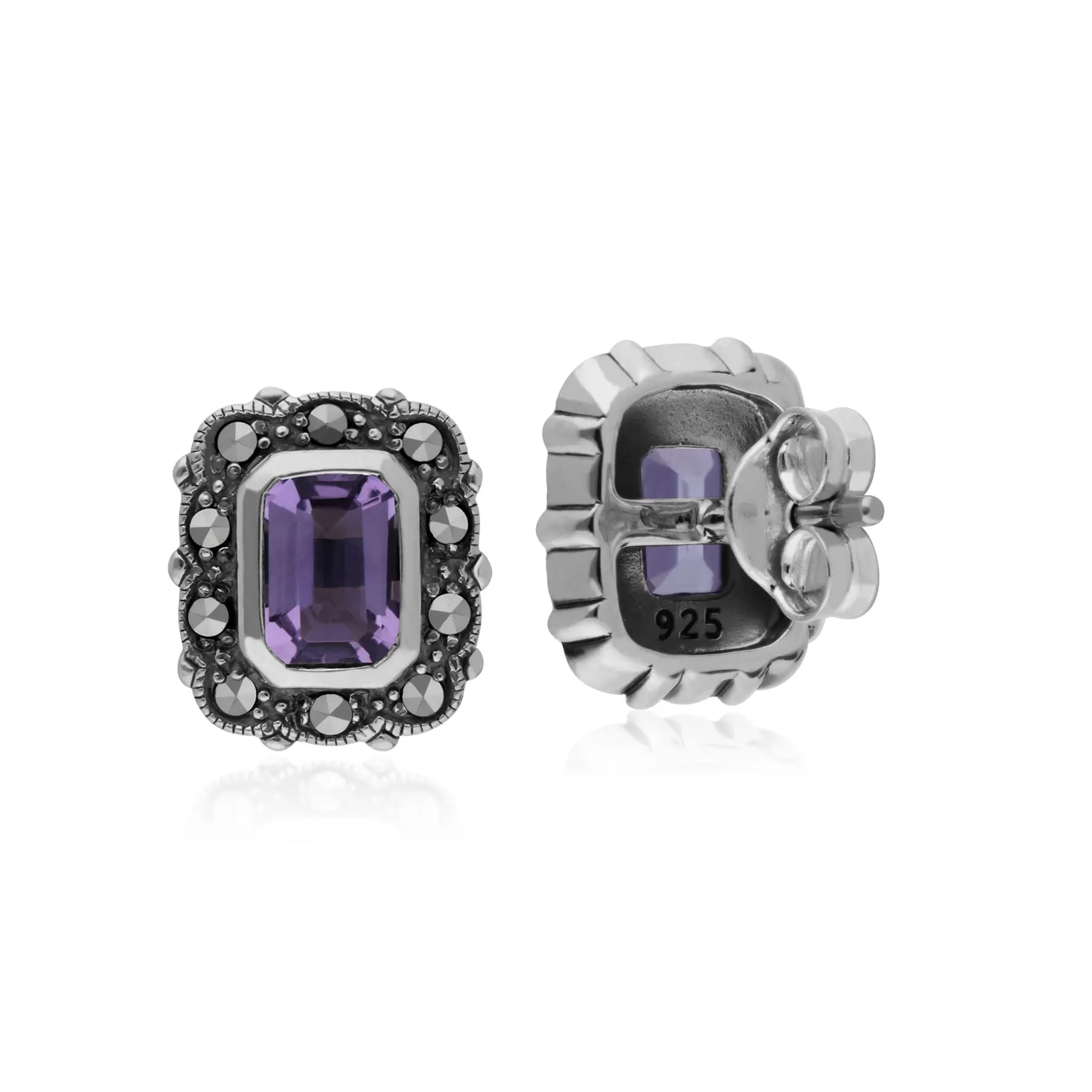 Amethyst Ohrringe, Sterlingsilber Amethyst & Markasit Oktagon Jugendstil Ohrstecker