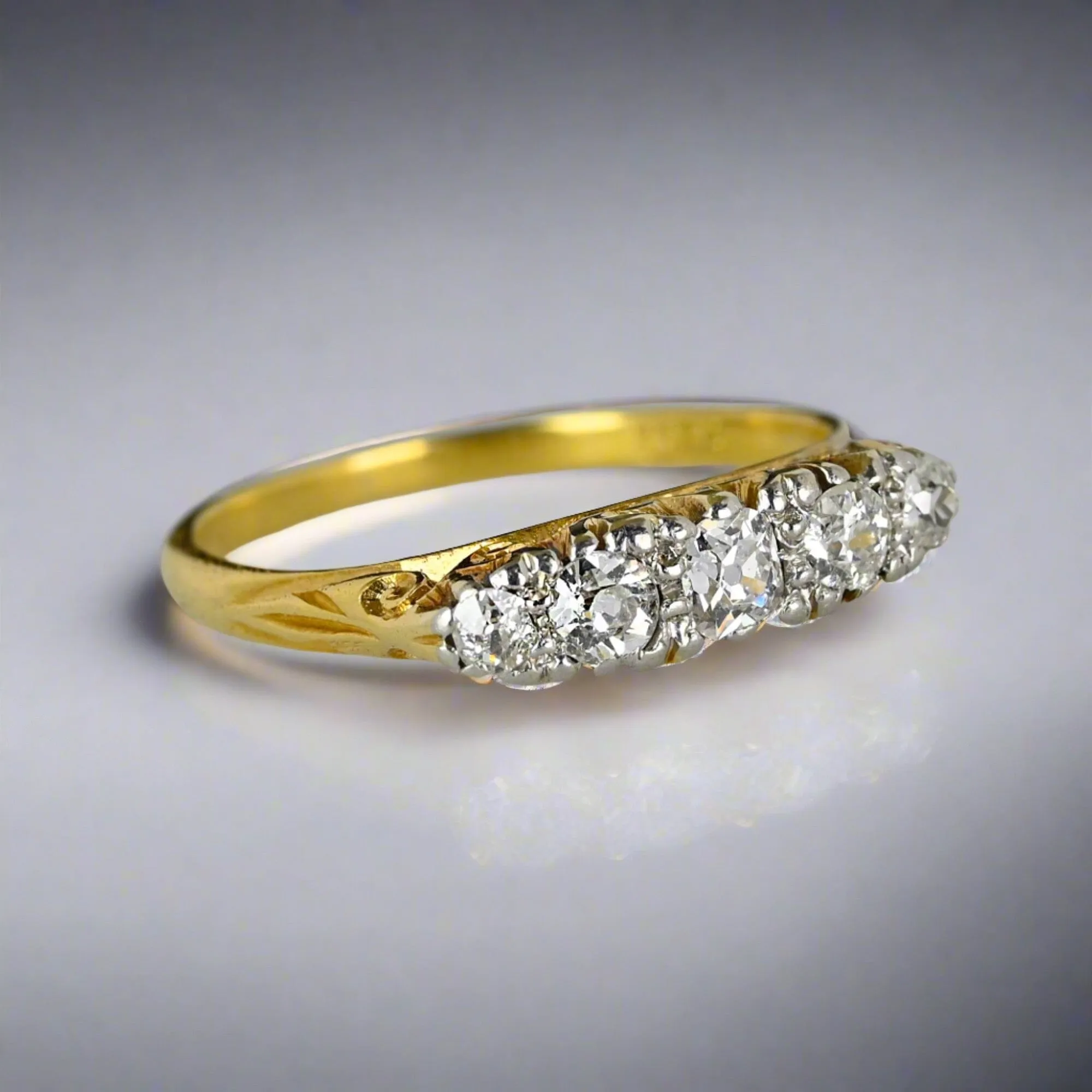 Antique 18K Gold Five Stone Mine Cut Diamond Ring Band