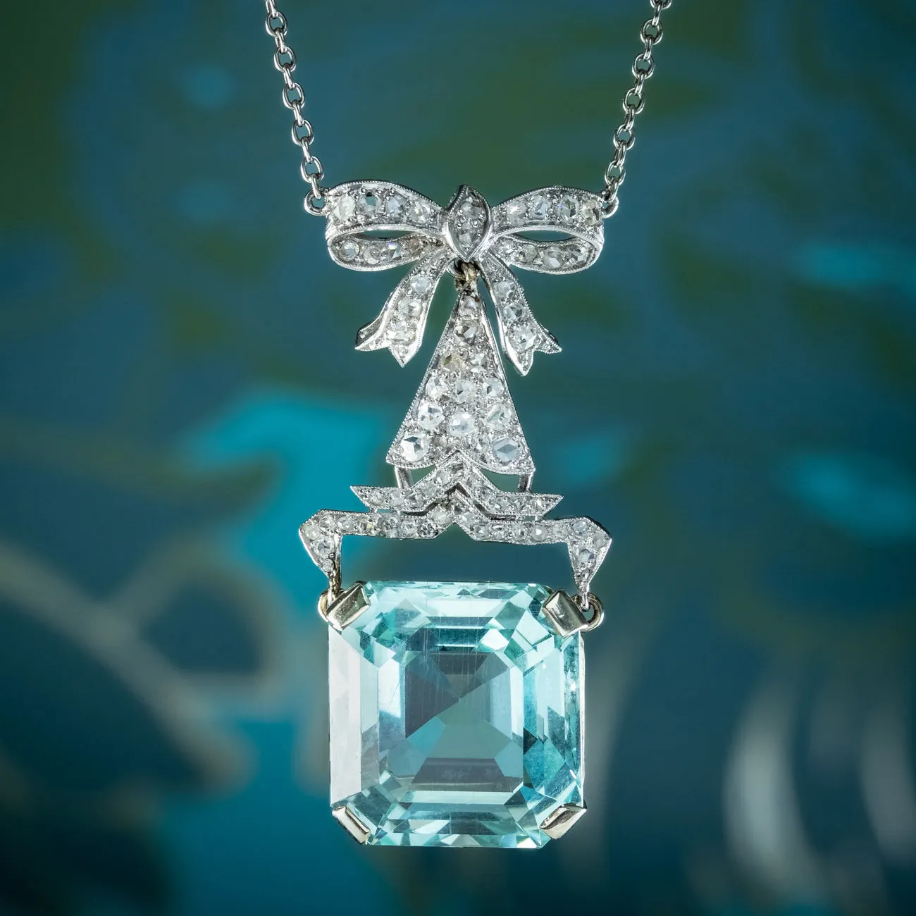 Antique Art Deco Aquamarine Diamond Lavaliere Necklace 30ct Aqua