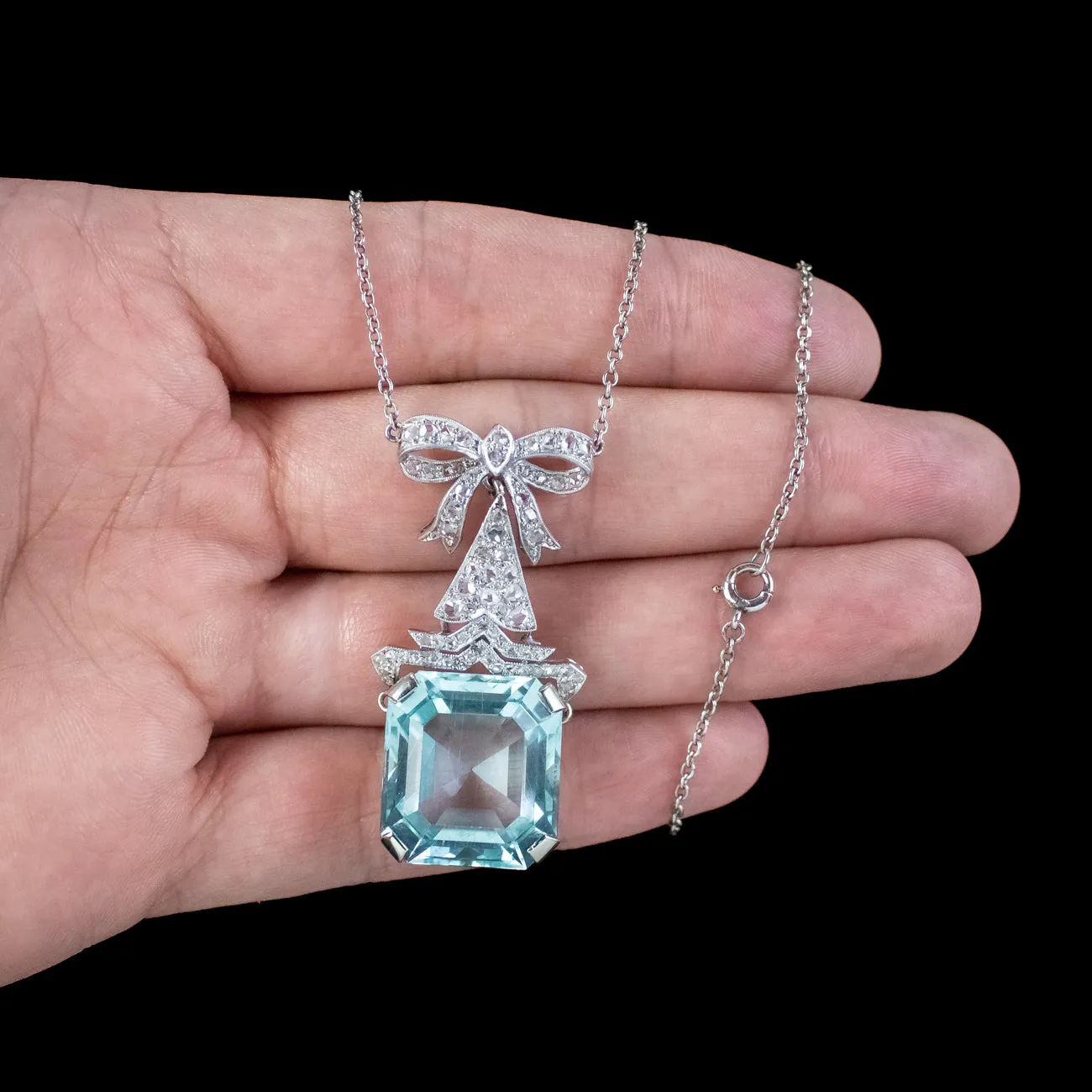 Antique Art Deco Aquamarine Diamond Lavaliere Necklace 30ct Aqua