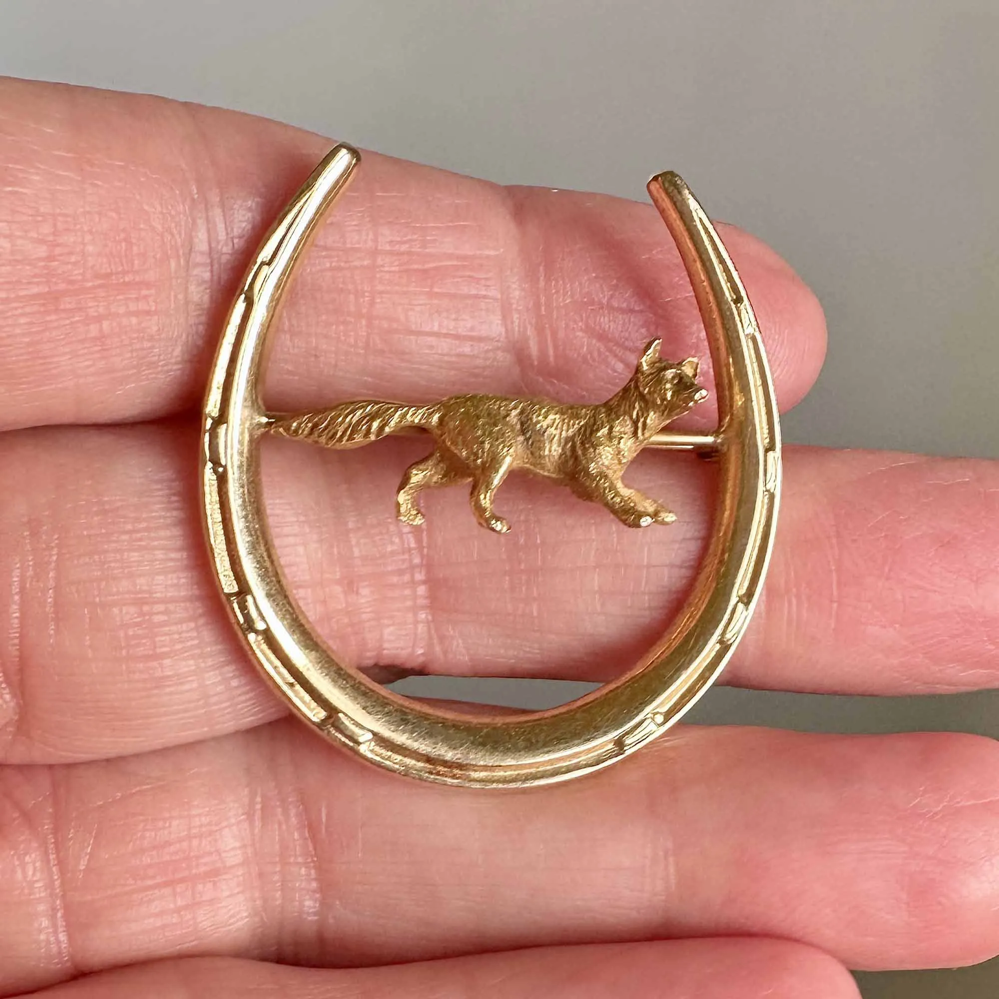 Antique Edwardian 14K Gold Horseshoe and Fox Brooch