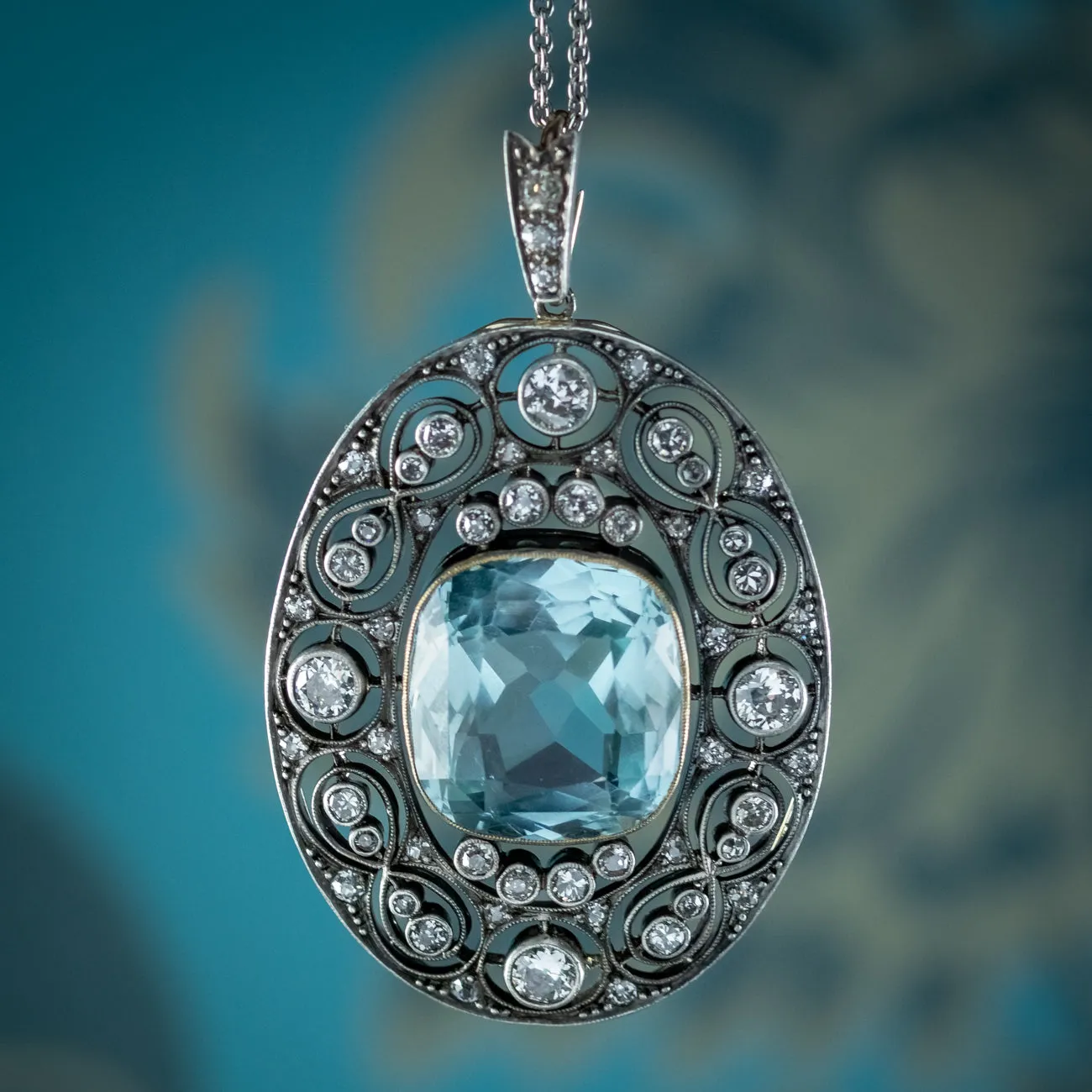 Antique Edwardian Aquamarine Diamond Pendant Necklace 17ct Aqua