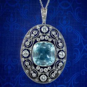 Antique Edwardian Aquamarine Diamond Pendant Necklace 17ct Aqua