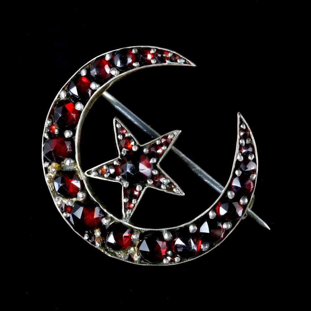 Antique Victorian Garnet Moon Crescent Brooch Gold Circa 1880