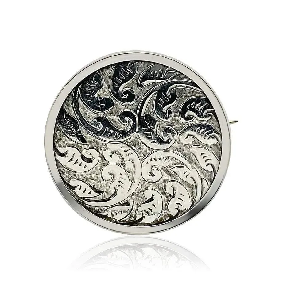 Antique Victorian Silver Round Engraved Brooch