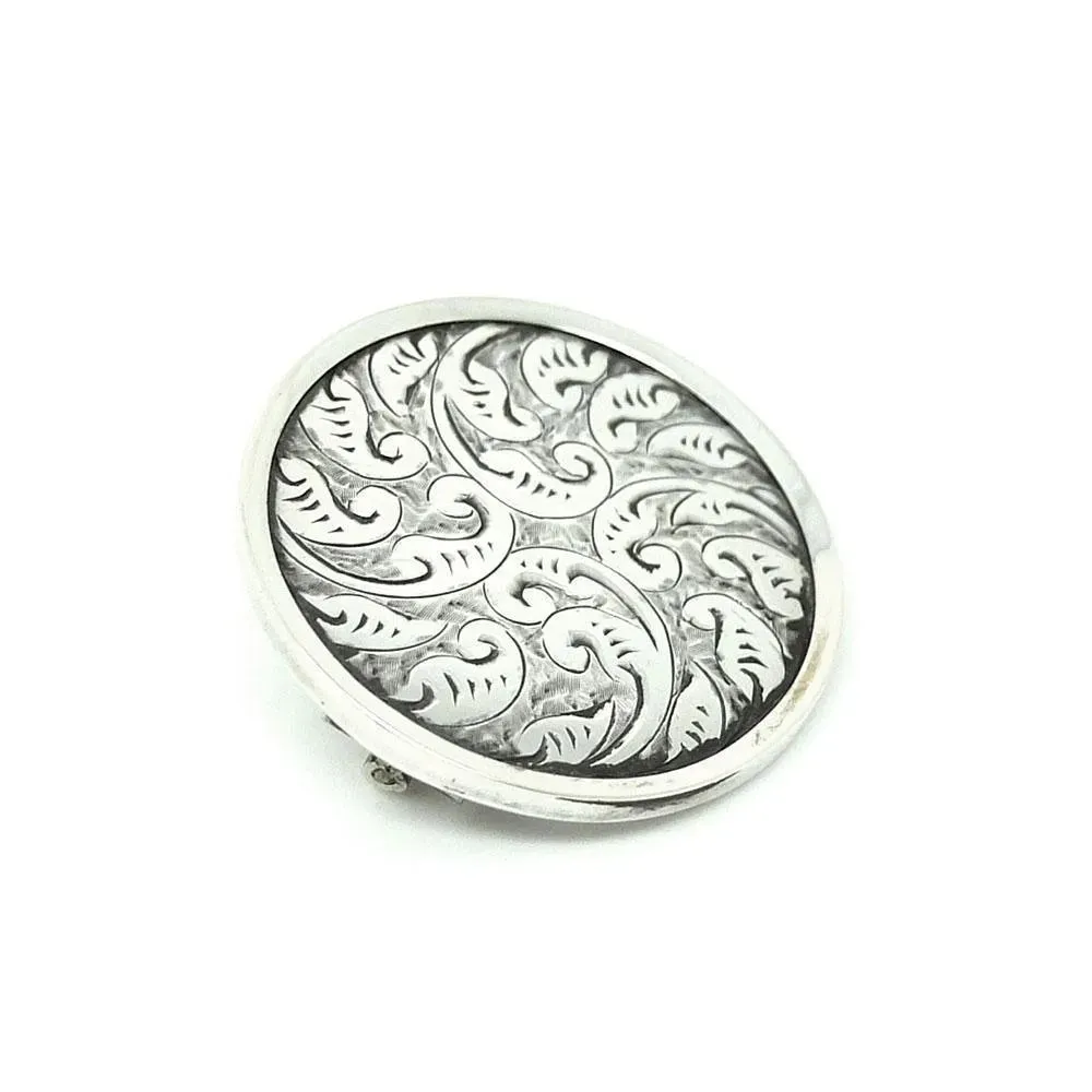 Antique Victorian Silver Round Engraved Brooch