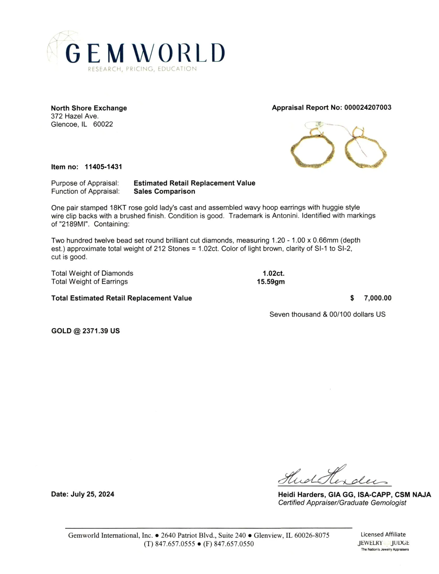 Antonini 18K Rose Gold Wavy Hoop Earrings with Diamonds