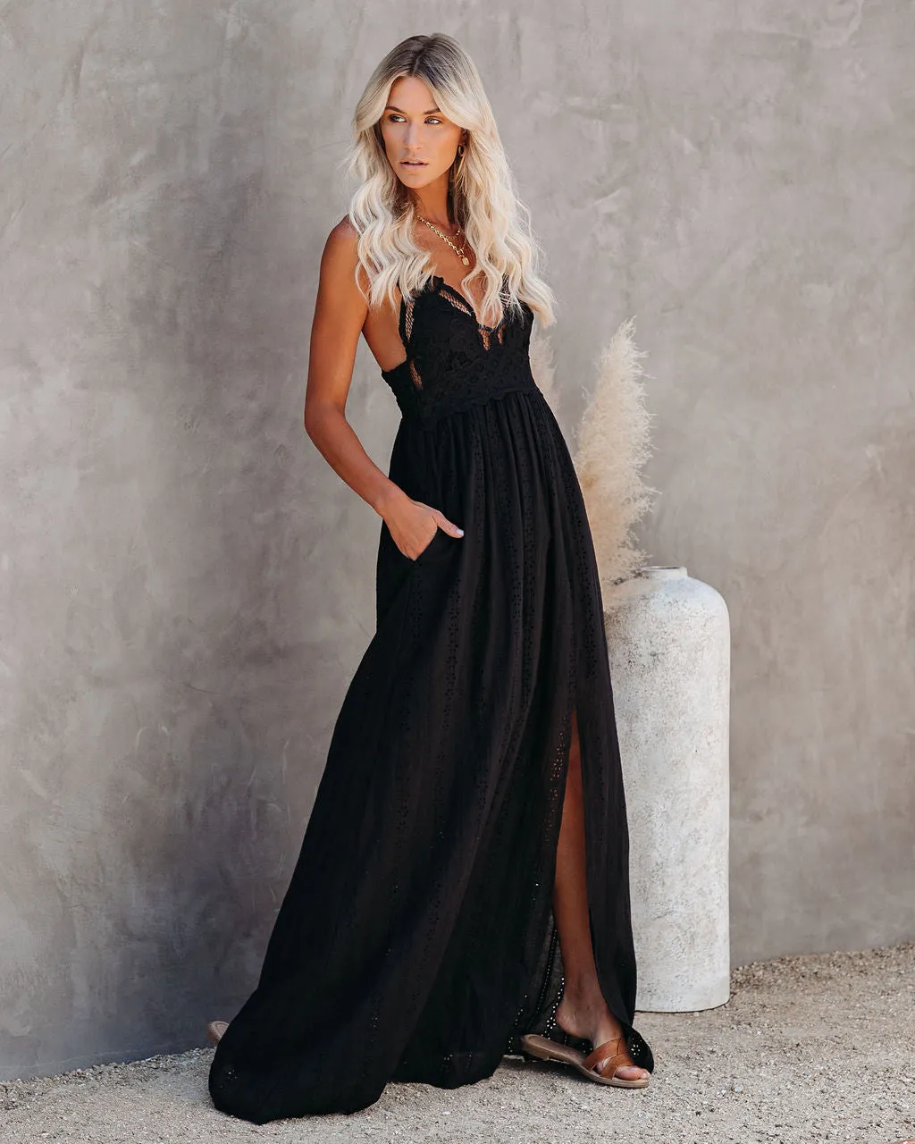 Archer Pocketed Lace Eyelet Maxi Dress - Black