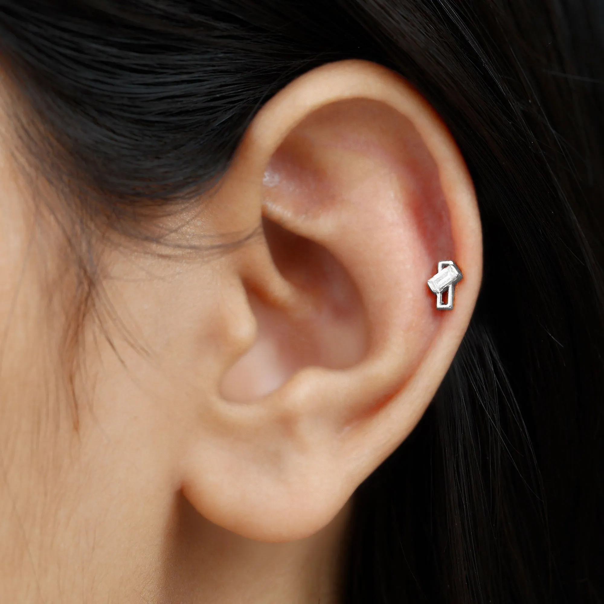 Baguette Diamond Minimal Tragus Earring in Bar Setting