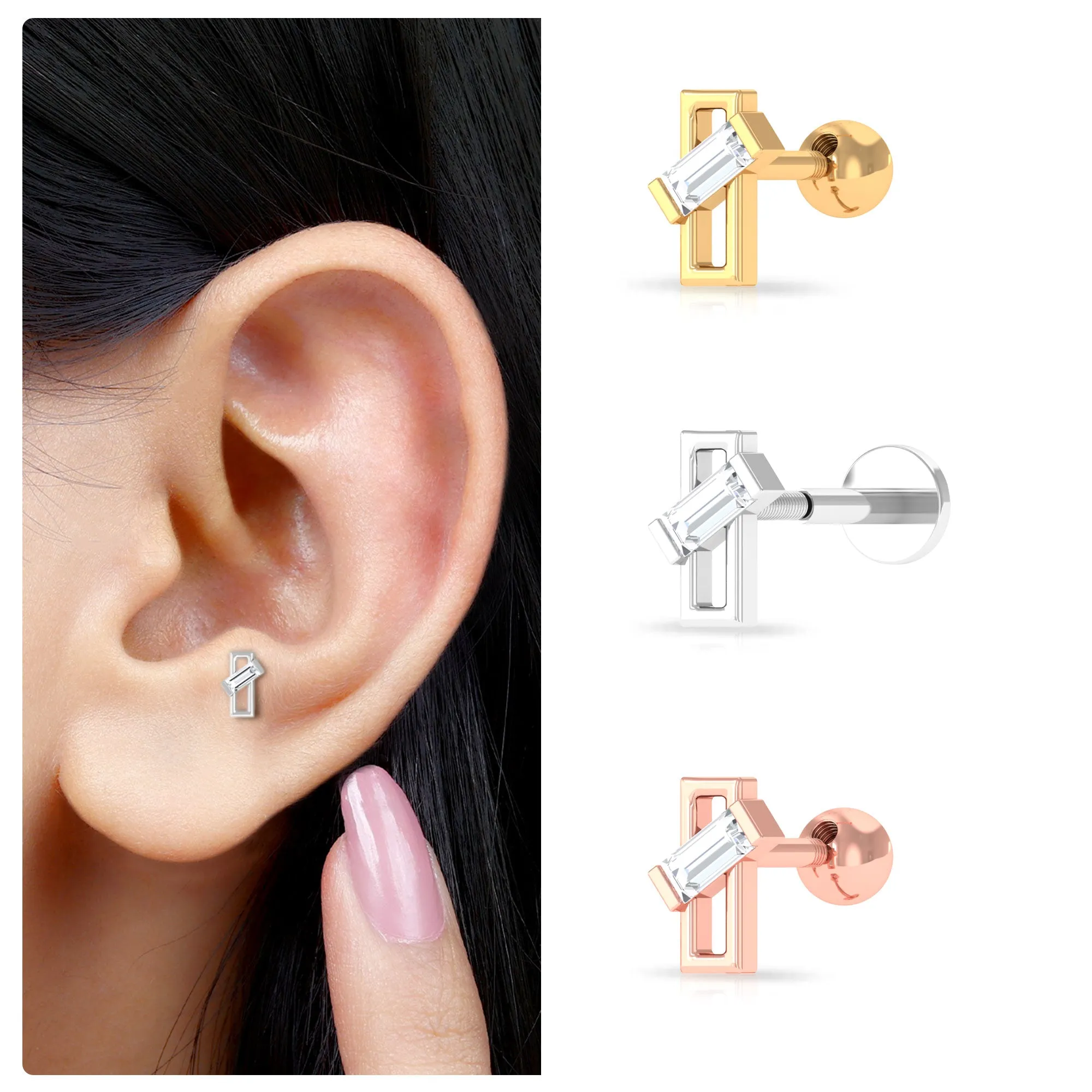 Baguette Diamond Minimal Tragus Earring in Bar Setting