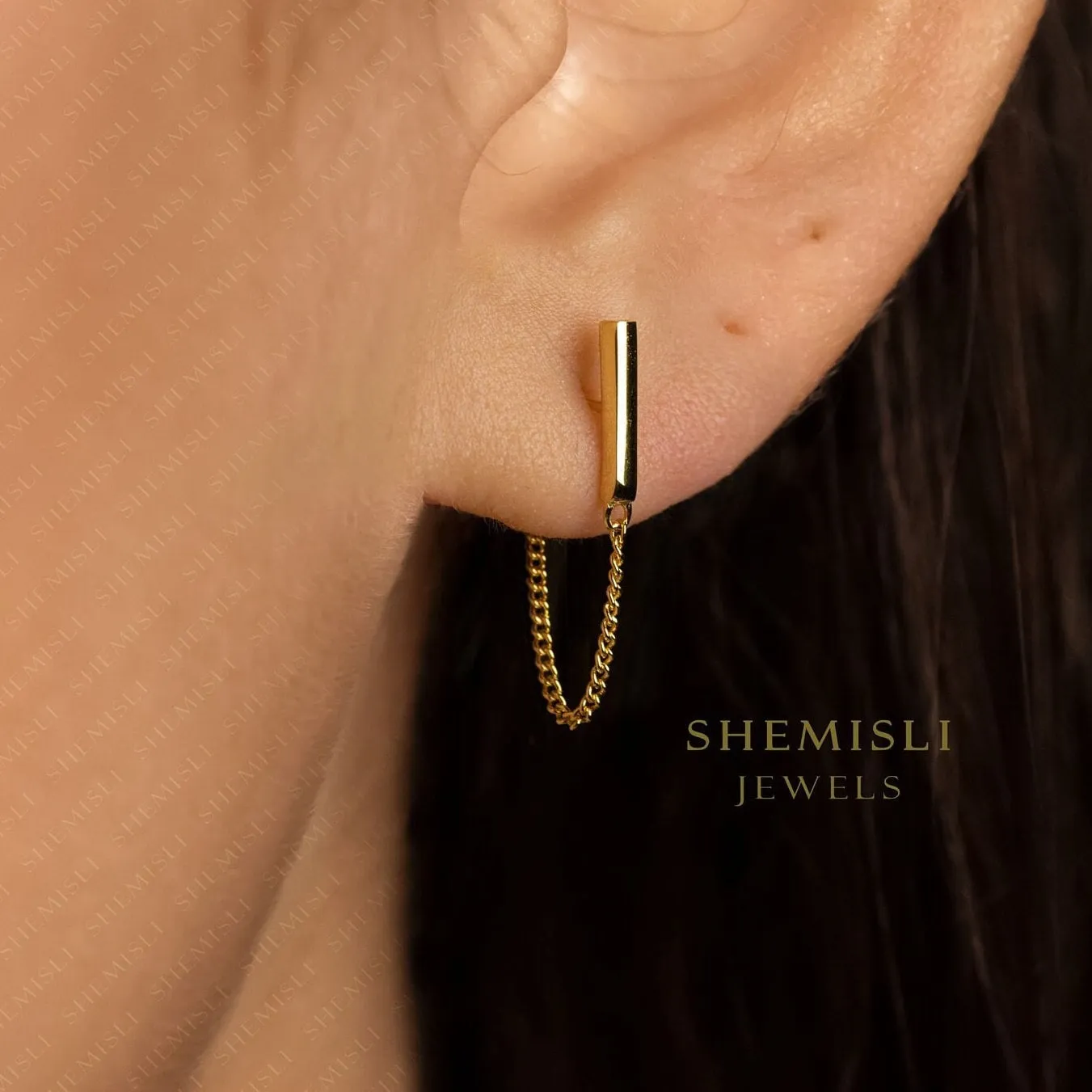 Bar With Chain Studs Earrings, Unisex, Gold, Silver SHEMISLI SS363