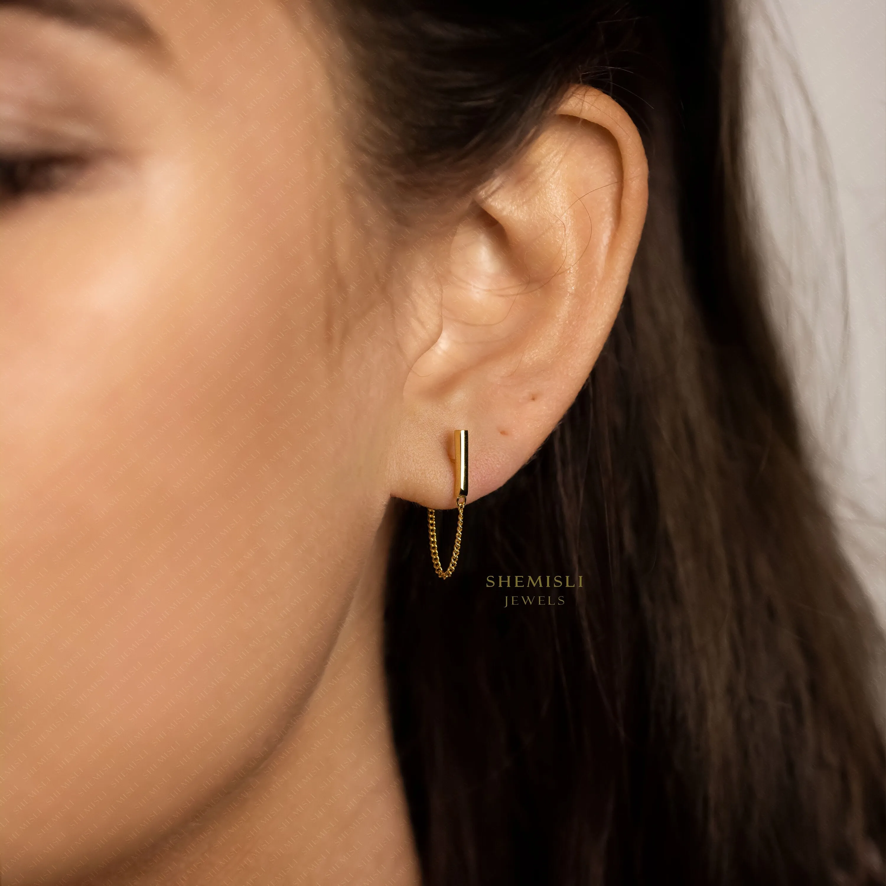 Bar With Chain Studs Earrings, Unisex, Gold, Silver SHEMISLI SS363