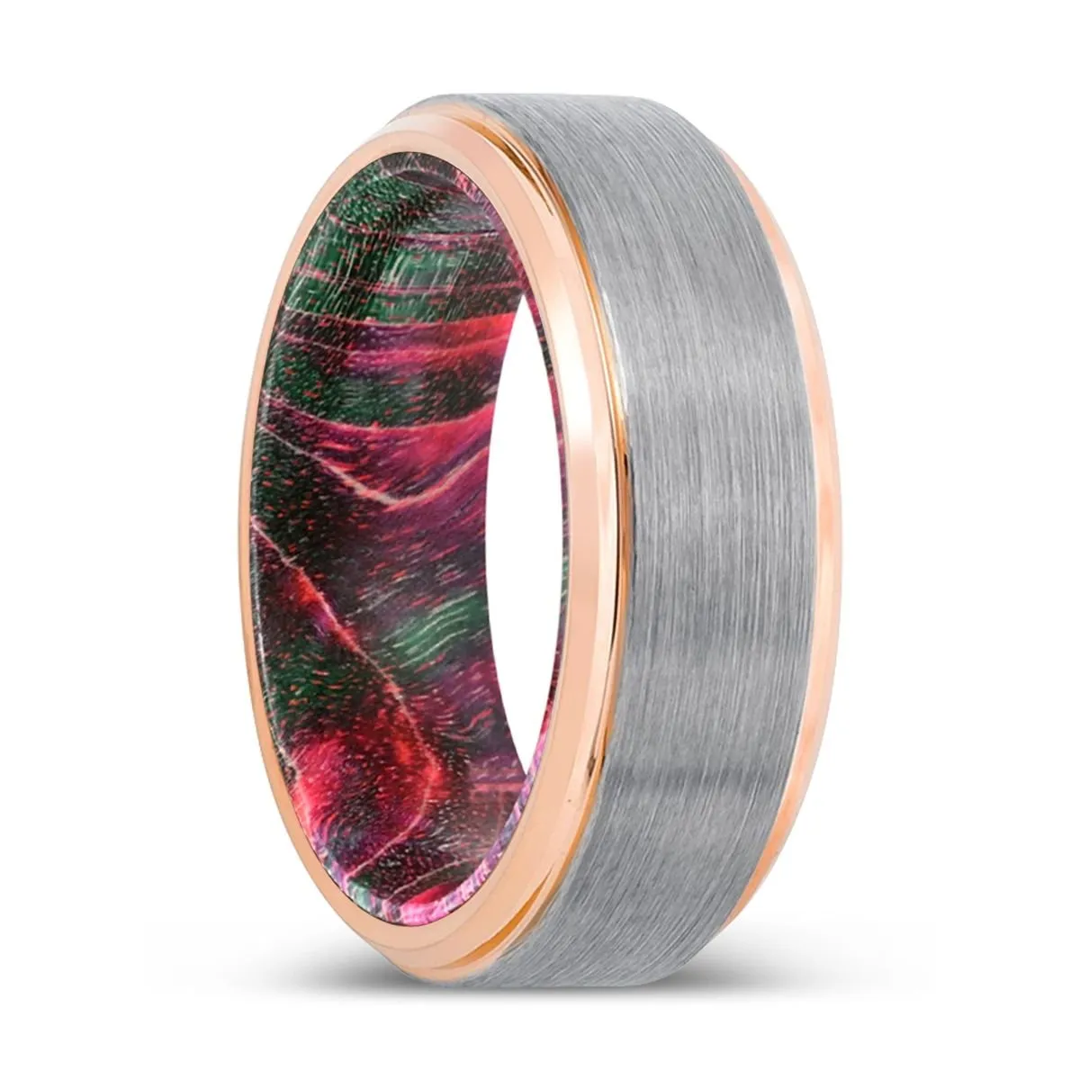 BICKS | Green & Red Wood, Silver Tungsten Ring, Brushed, Rose Gold Stepped Edge