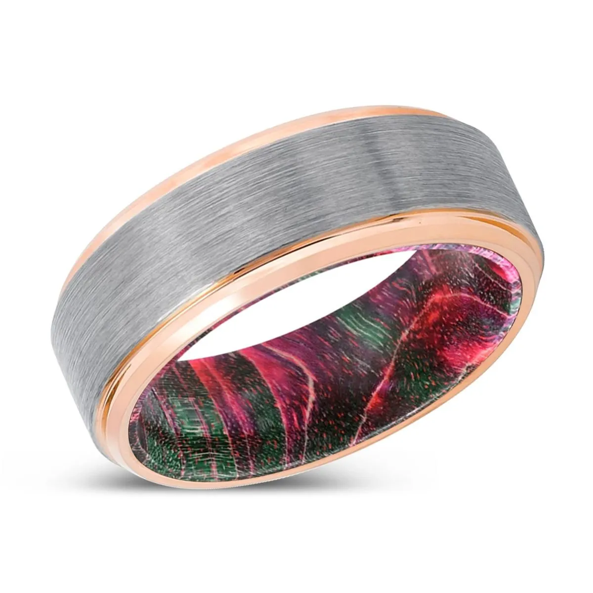 BICKS | Green & Red Wood, Silver Tungsten Ring, Brushed, Rose Gold Stepped Edge