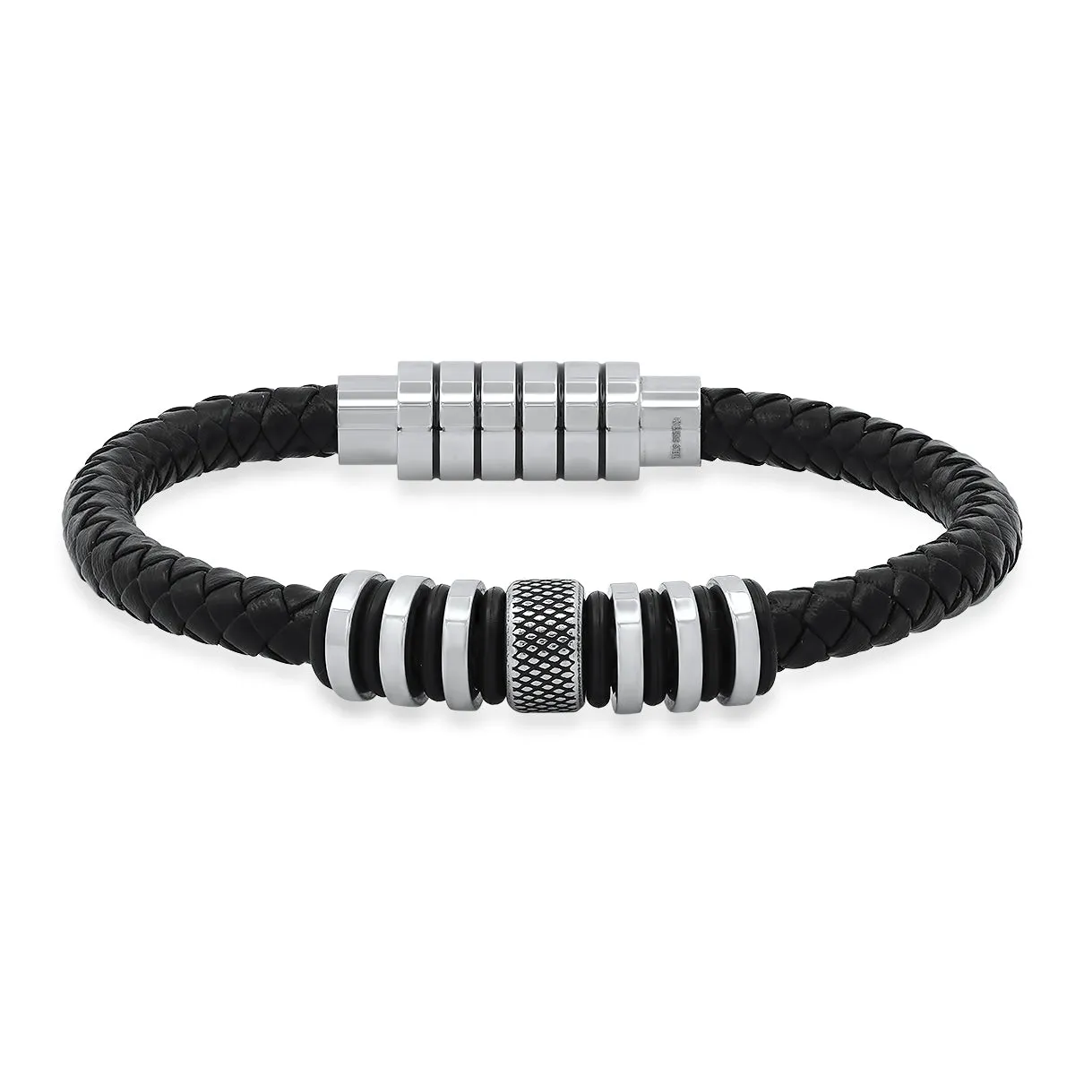 Black Braided Leather Bracelet with Stainless Steel Rings