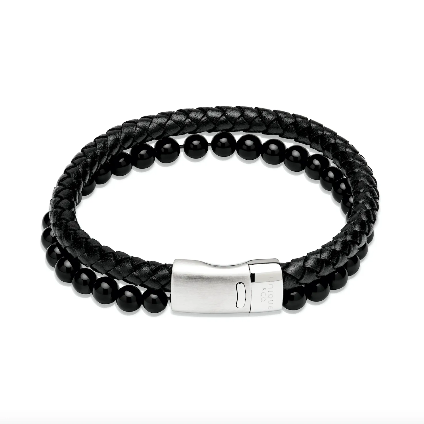 Black leather & Onyx Double bracelet