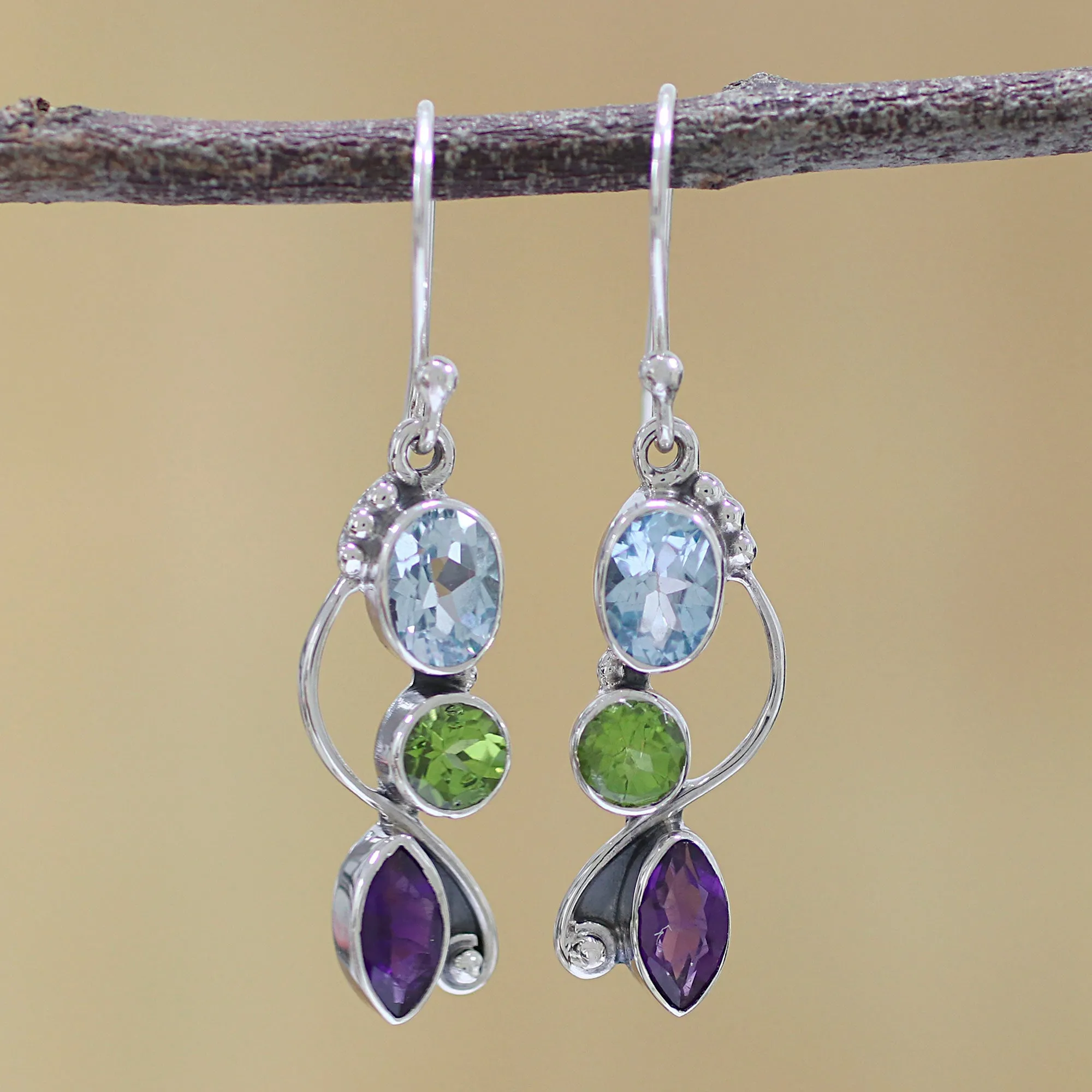 Blue Topaz Peridot Amethyst Sterling Silver Dangle Earrings - Shimmering Alliance | NOVICA