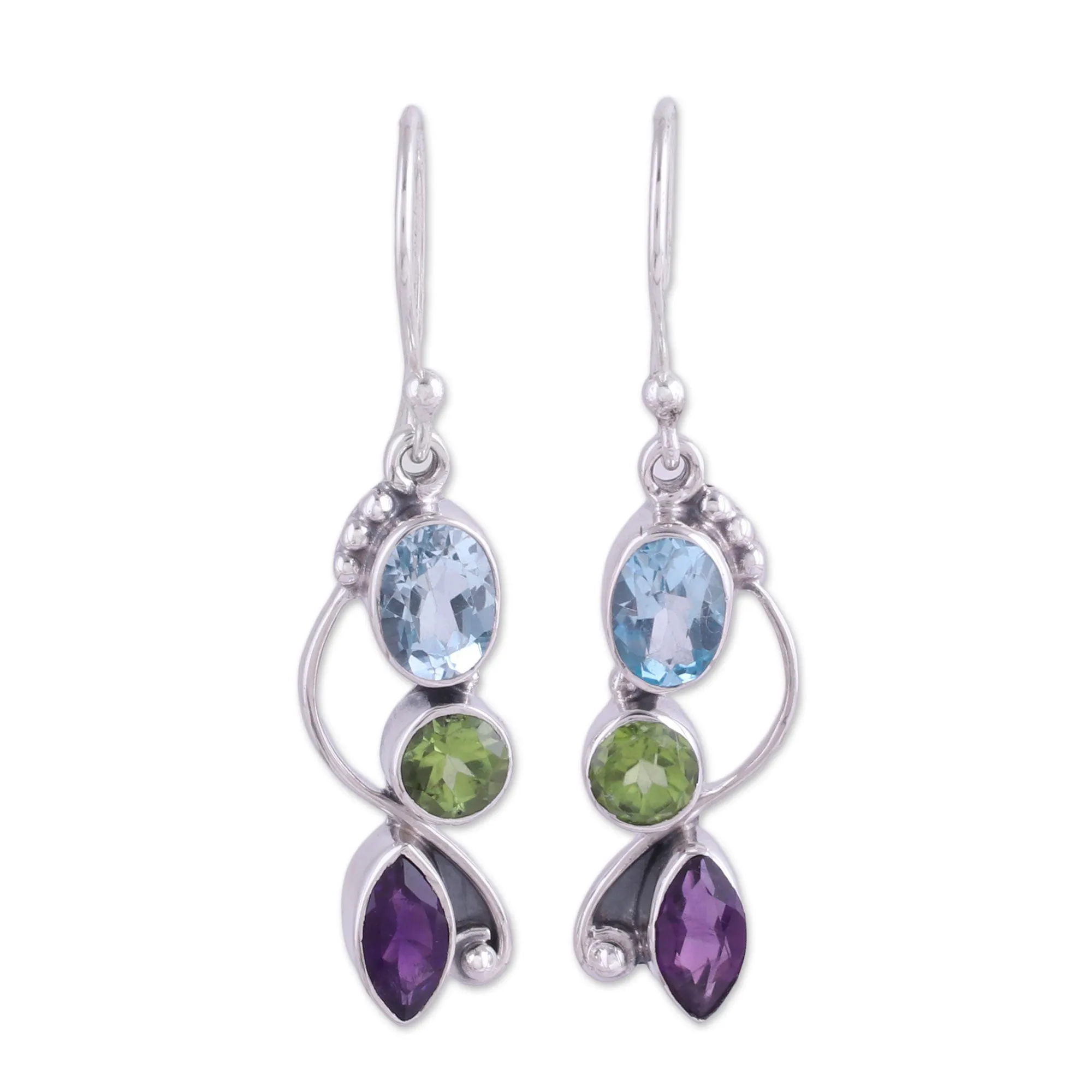 Blue Topaz Peridot Amethyst Sterling Silver Dangle Earrings - Shimmering Alliance | NOVICA