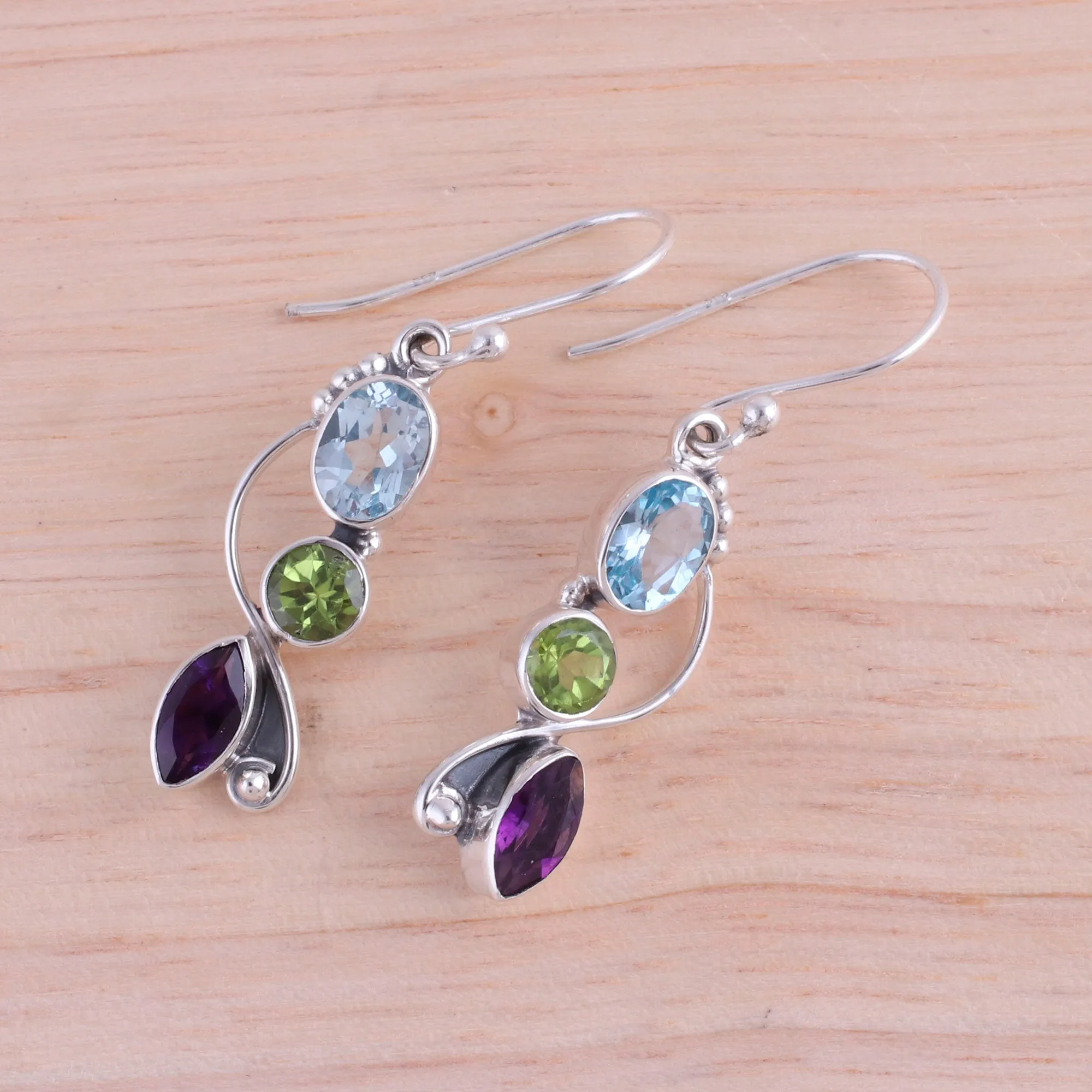 Blue Topaz Peridot Amethyst Sterling Silver Dangle Earrings - Shimmering Alliance | NOVICA