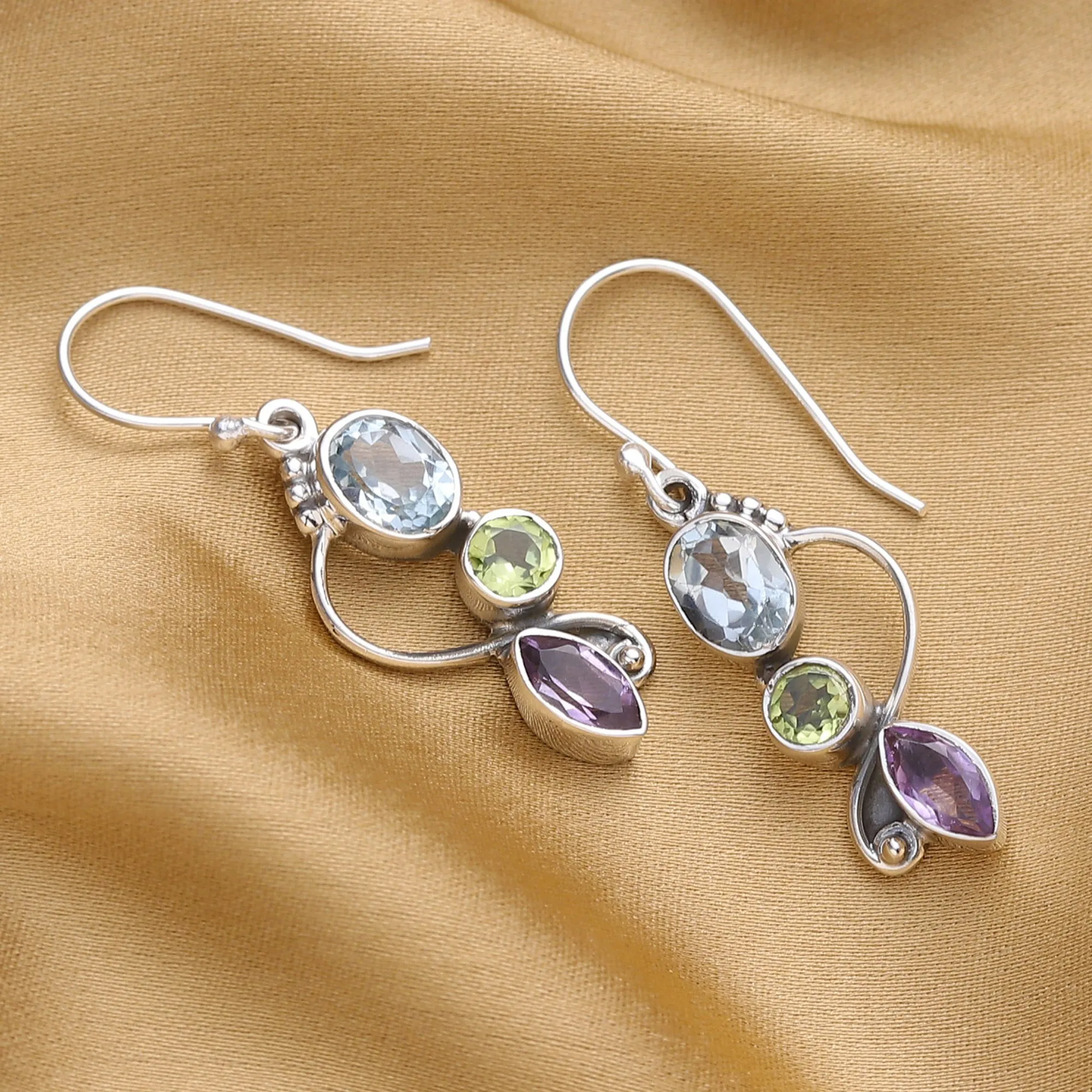 Blue Topaz Peridot Amethyst Sterling Silver Dangle Earrings - Shimmering Alliance | NOVICA