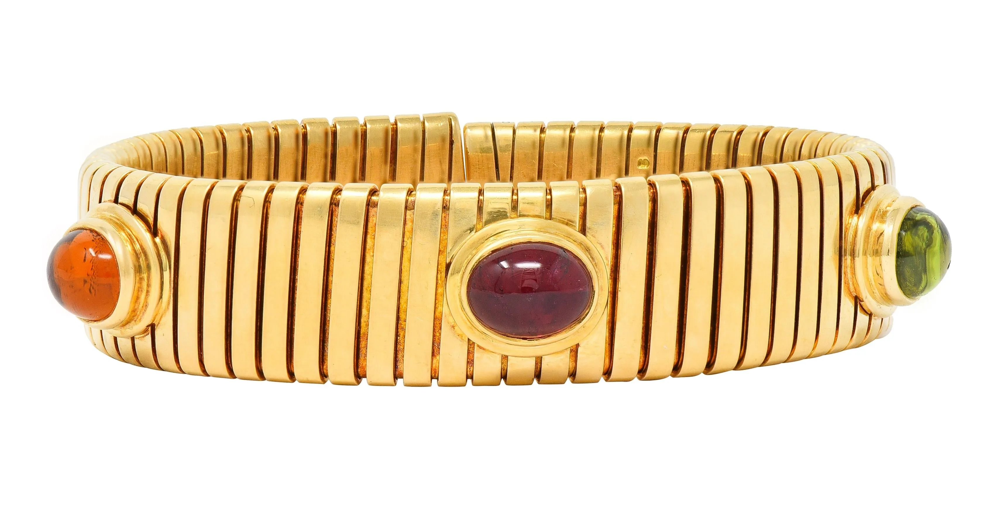 Bulgari 1980s Multi-Gem 18 Karat Yellow Gold Tubogas Vintage Cuff Bracelet