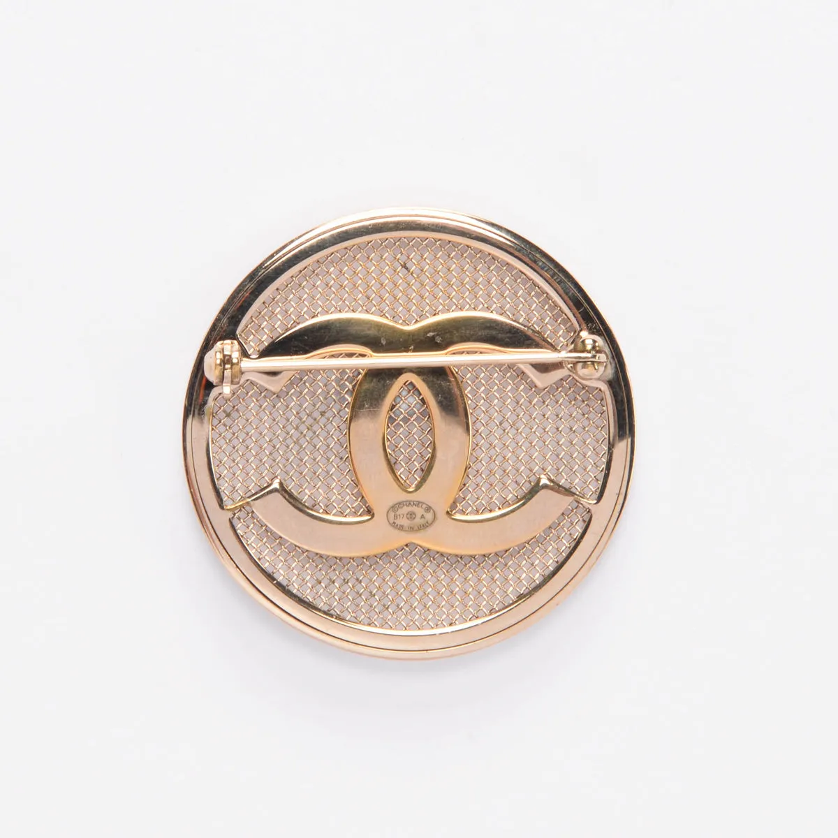 Chanel Light Gold Mesh Round CC Brooch