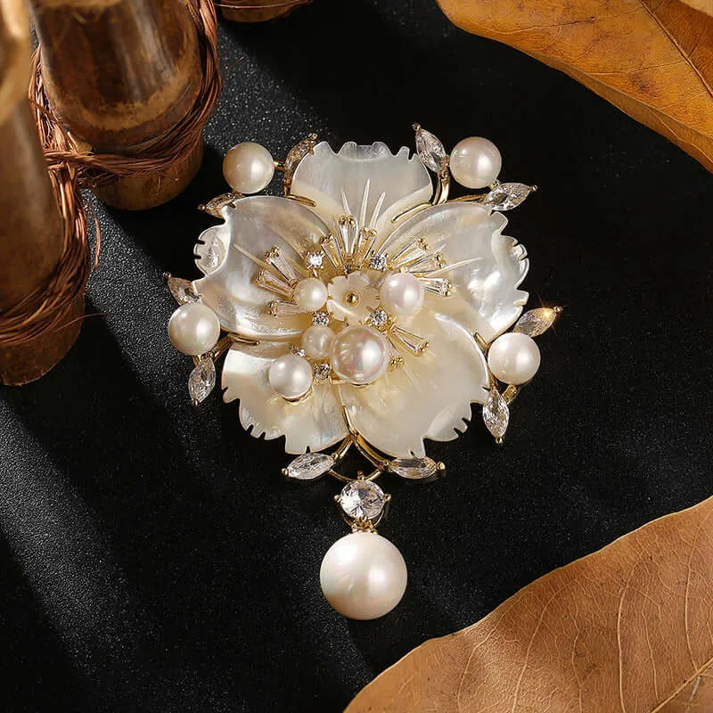 Copper Plum Blossom Shell Pearl Brooch