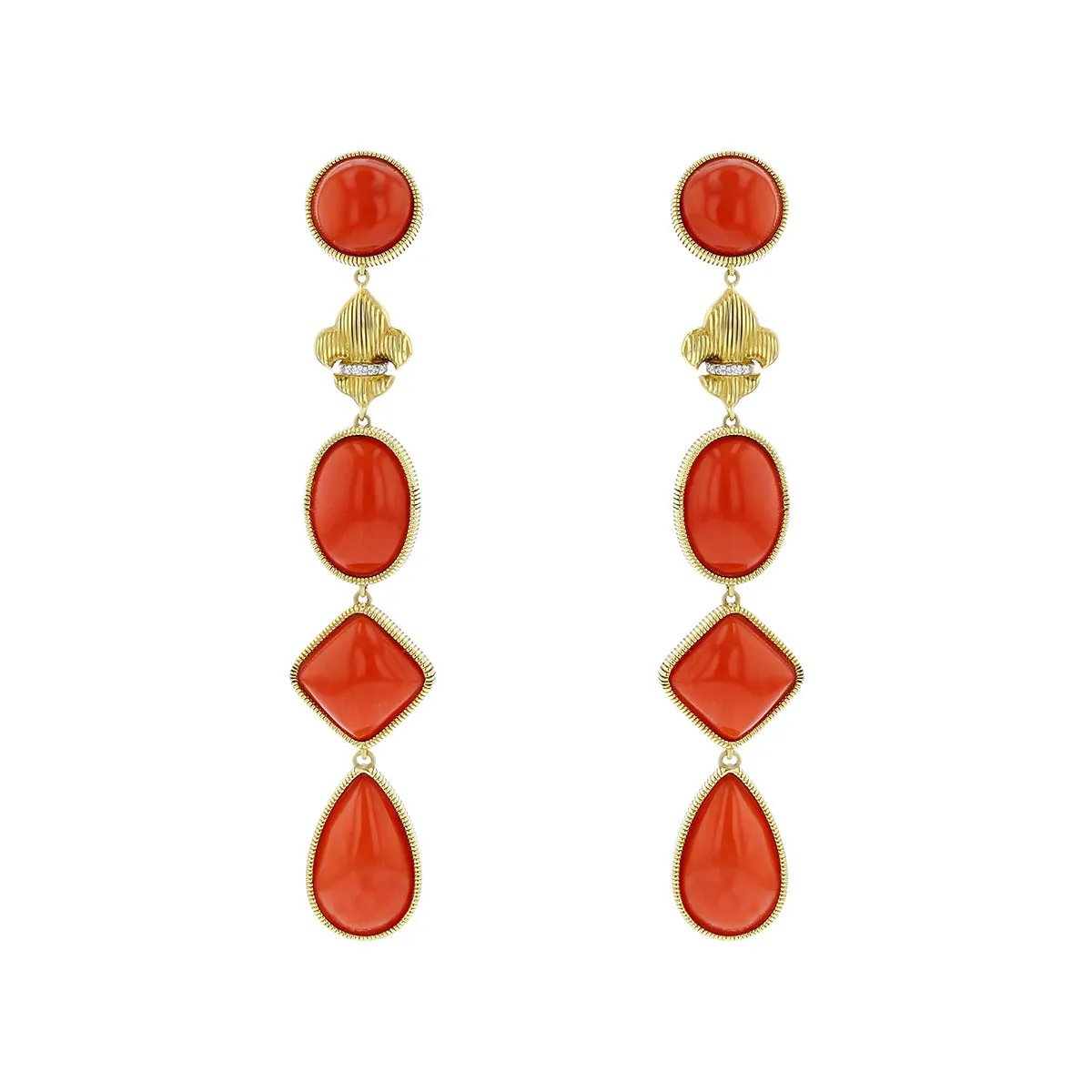 Coral and Diamond Fleur de Lis Drop Earrings