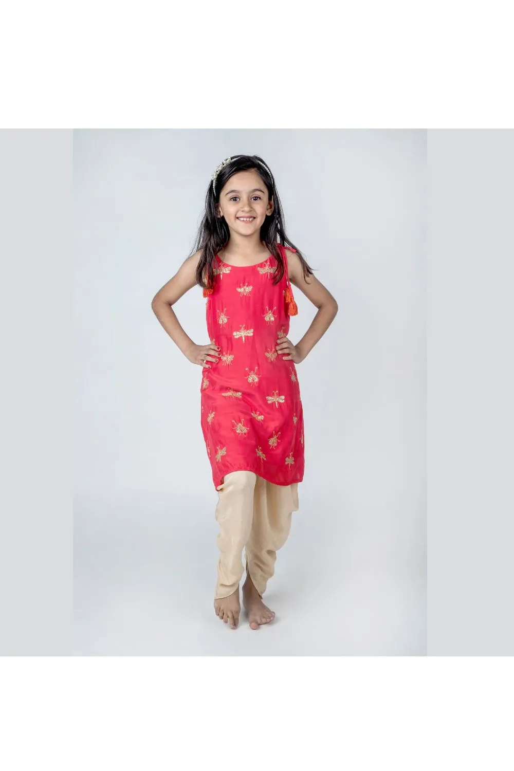 Coral Handmade Dragonfly Embroidered Muslin Kurta With Dhoti Set