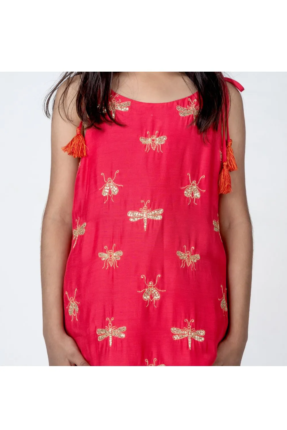 Coral Handmade Dragonfly Embroidered Muslin Kurta With Dhoti Set