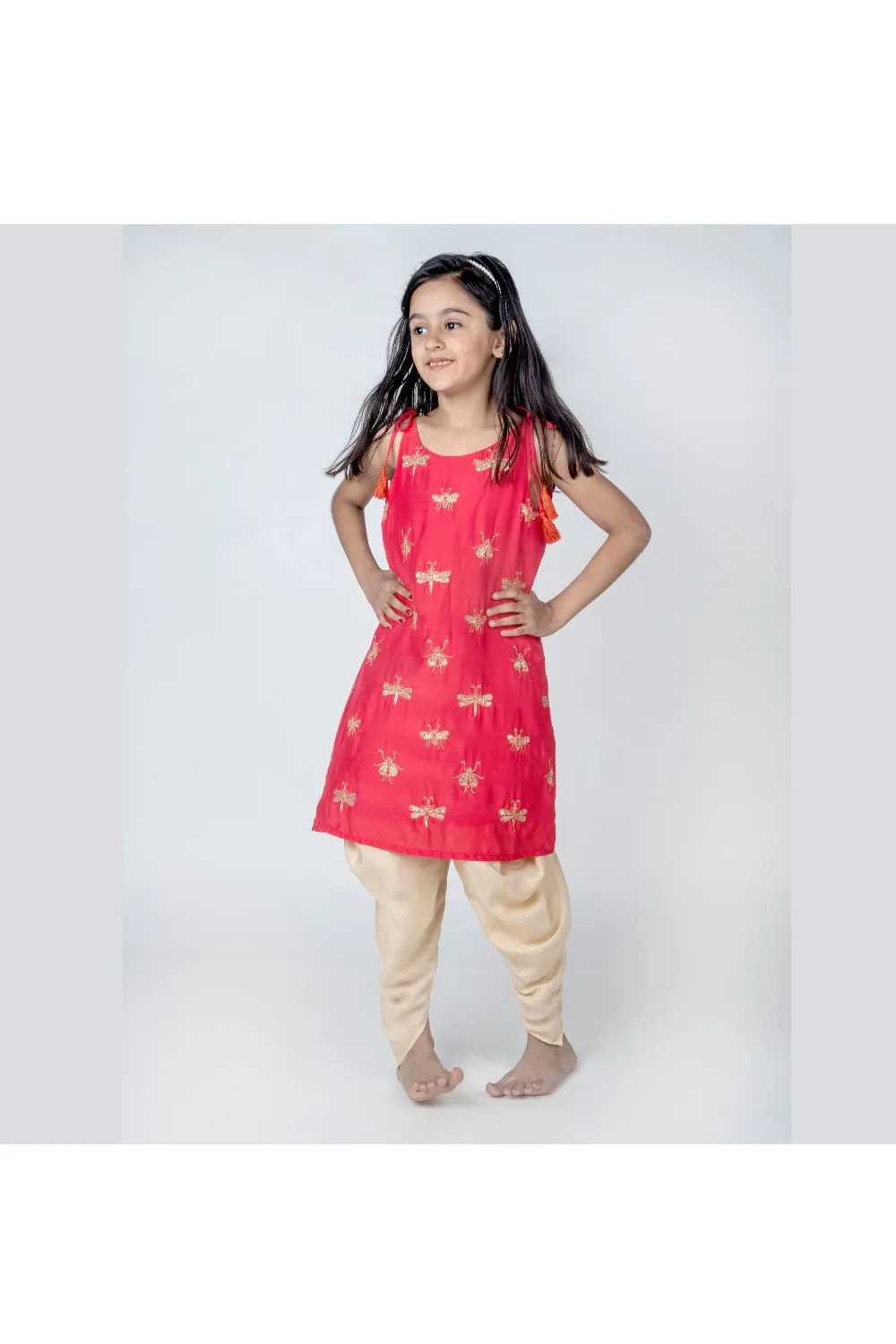 Coral Handmade Dragonfly Embroidered Muslin Kurta With Dhoti Set