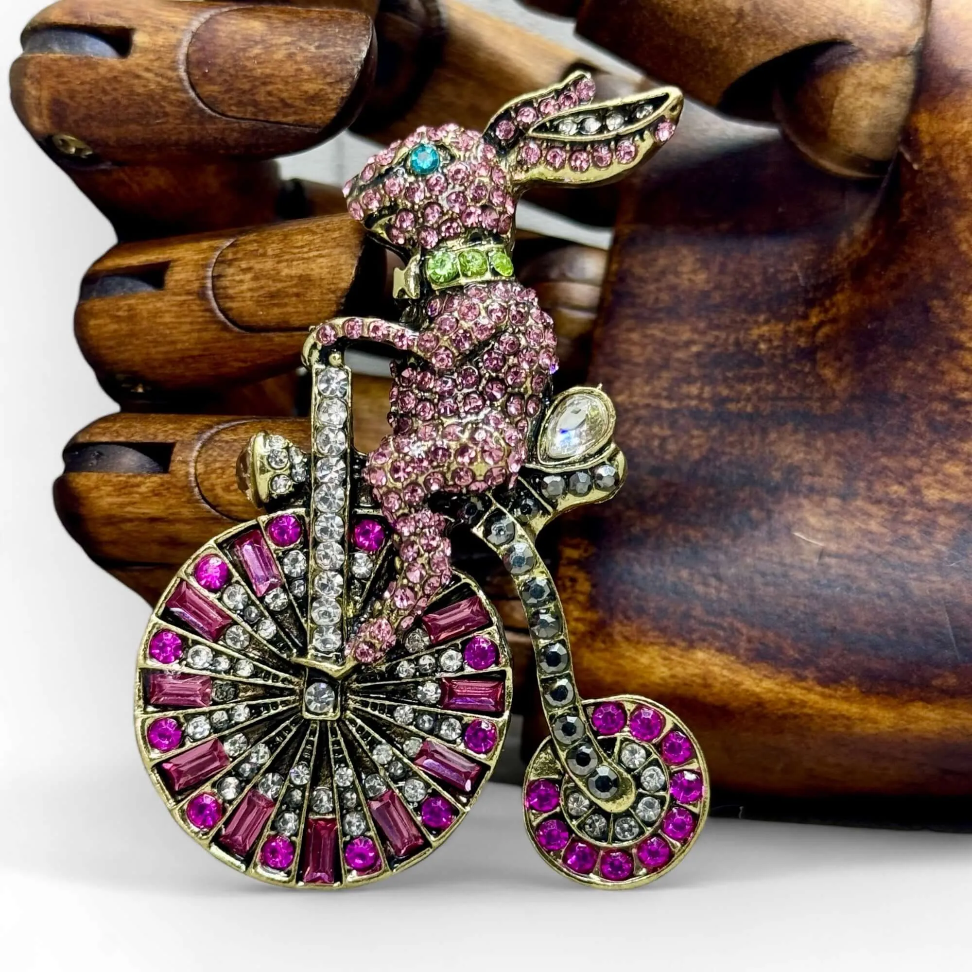 Crystal Embellished Rabbit on Penny Farthing Brooch.