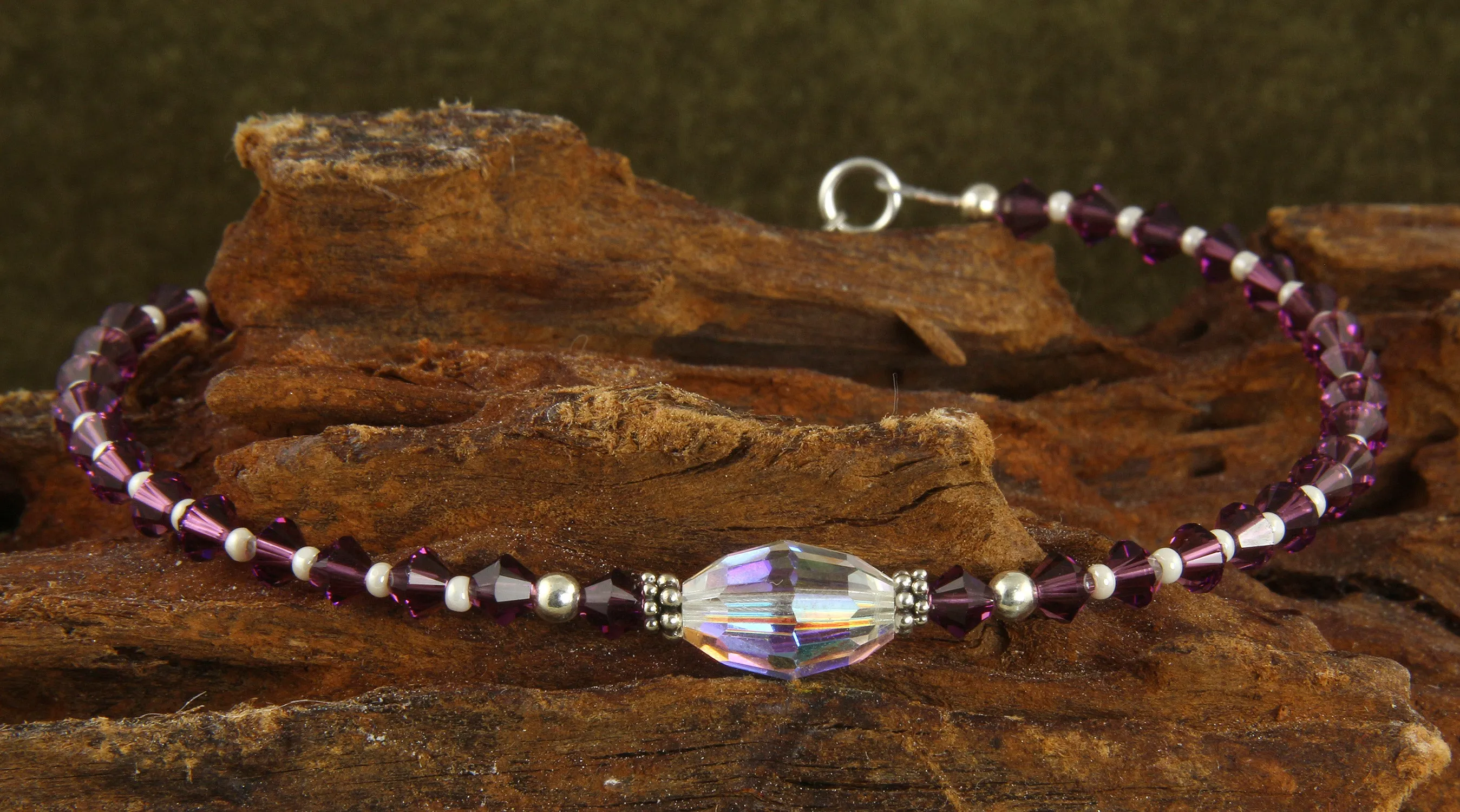 Custom Amethyst Crystal Cream Beaded Anklet