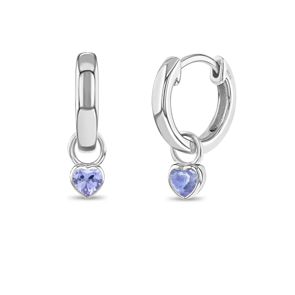 CZ Birthstone Heart 9mm Kids / Children's / Girls Earrings Hoop/Huggie Dangle Safety Latch - Sterling Silver