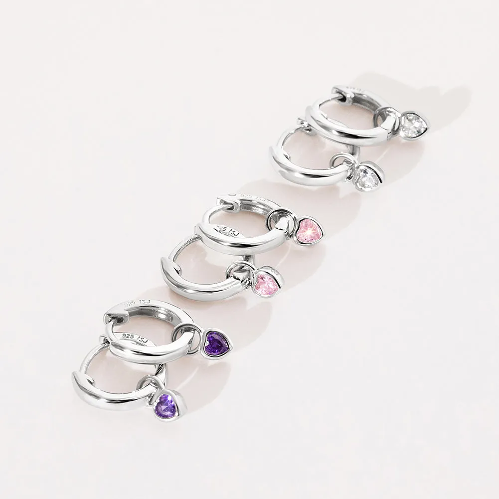 CZ Birthstone Heart 9mm Kids / Children's / Girls Earrings Hoop/Huggie Dangle Safety Latch - Sterling Silver