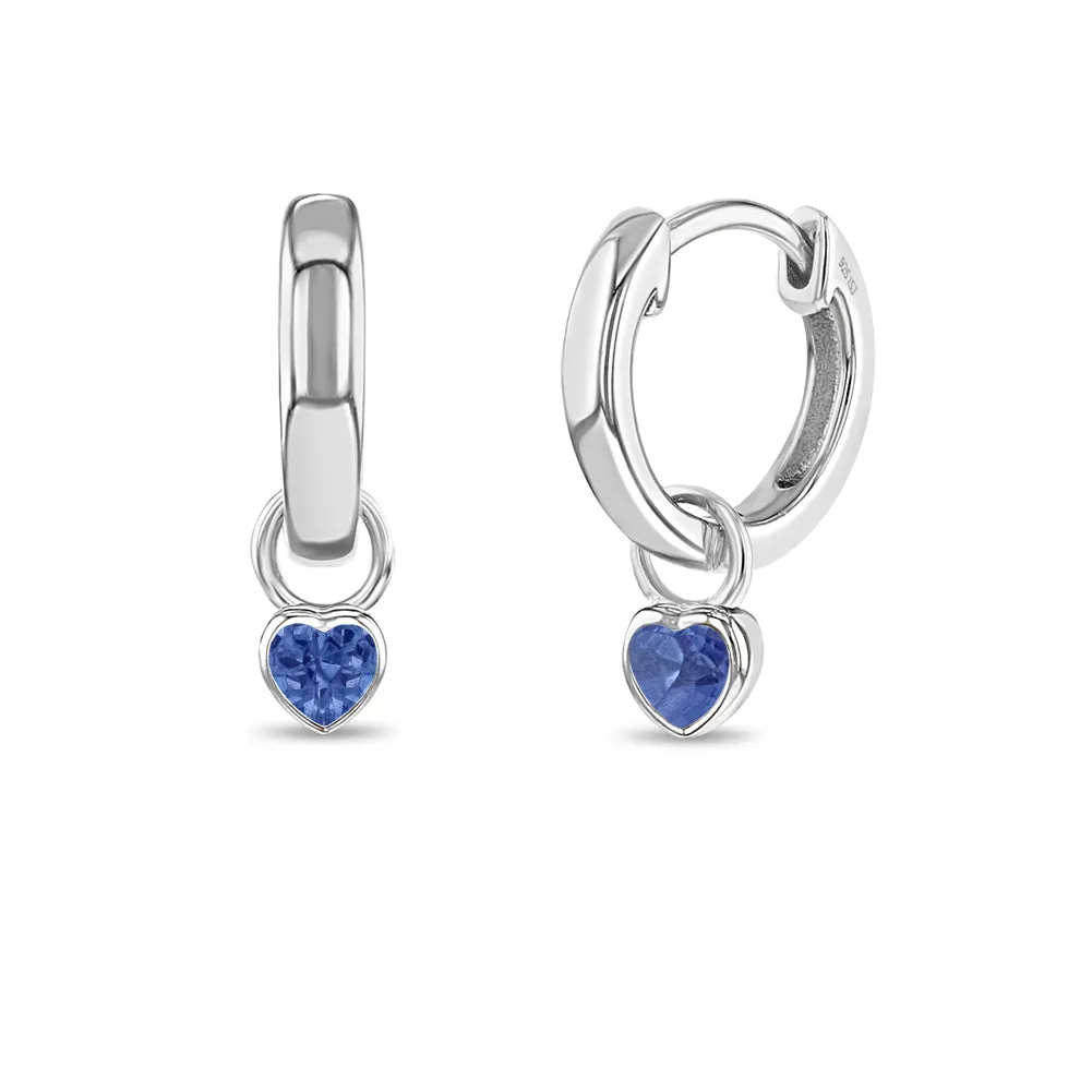 CZ Birthstone Heart 9mm Kids / Children's / Girls Earrings Hoop/Huggie Dangle Safety Latch - Sterling Silver