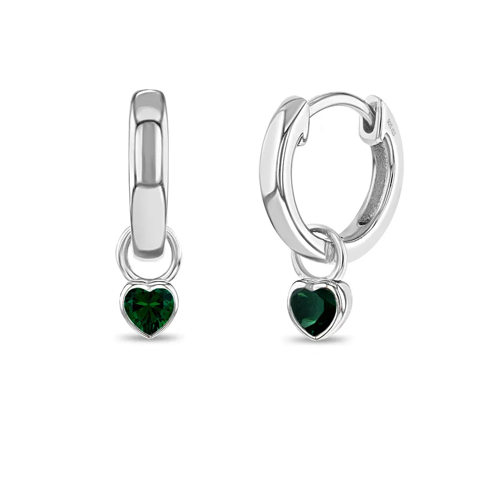 CZ Birthstone Heart 9mm Kids / Children's / Girls Earrings Hoop/Huggie Dangle Safety Latch - Sterling Silver