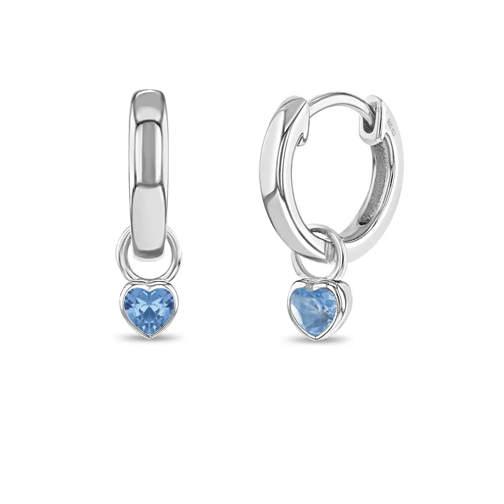 CZ Birthstone Heart 9mm Kids / Children's / Girls Earrings Hoop/Huggie Dangle Safety Latch - Sterling Silver