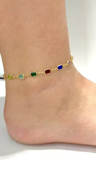 CZ Multi Color Anklet Bracelet 10" for Womens Bracelet for Foot Everyday Jewelry Gold Bracelet Stones Pulsera de Pie para Mujer Oro Laminado