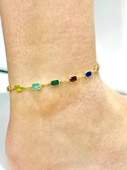 CZ Multi Color Anklet Bracelet 10" for Womens Bracelet for Foot Everyday Jewelry Gold Bracelet Stones Pulsera de Pie para Mujer Oro Laminado