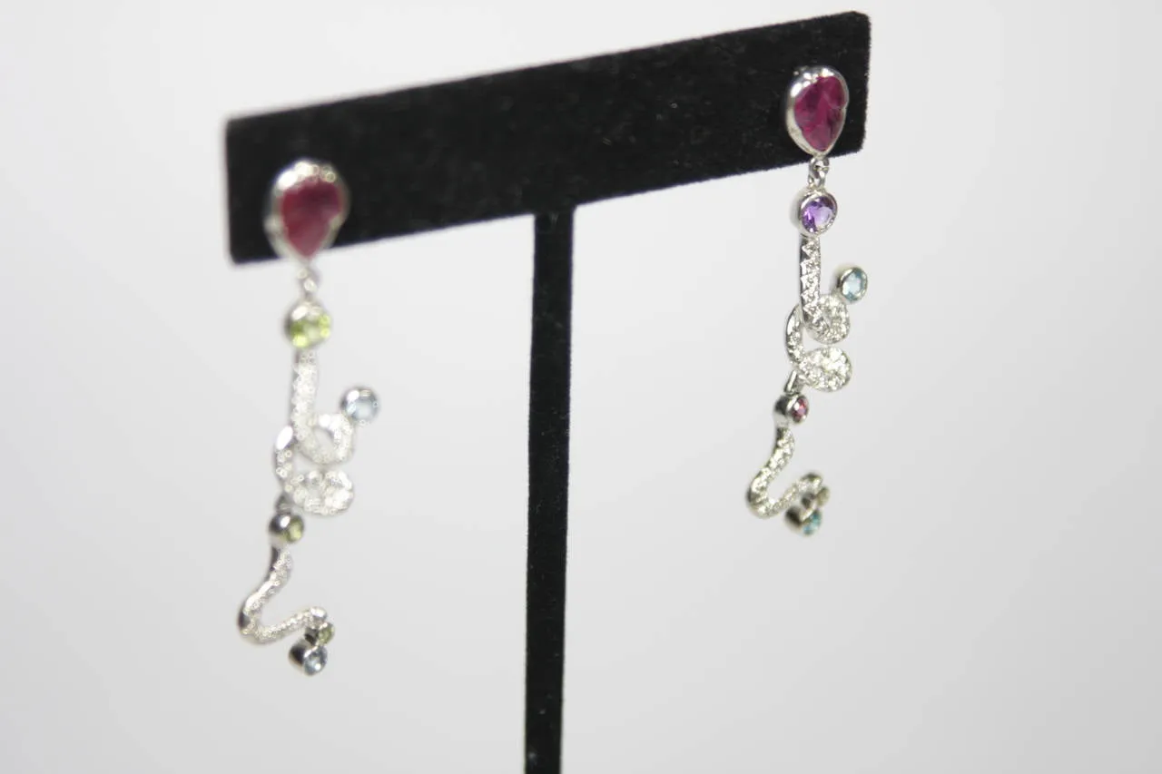 DIAMOND Gold Dangle Earrings 18 Karat Gold with Multi Ruby Gemstone